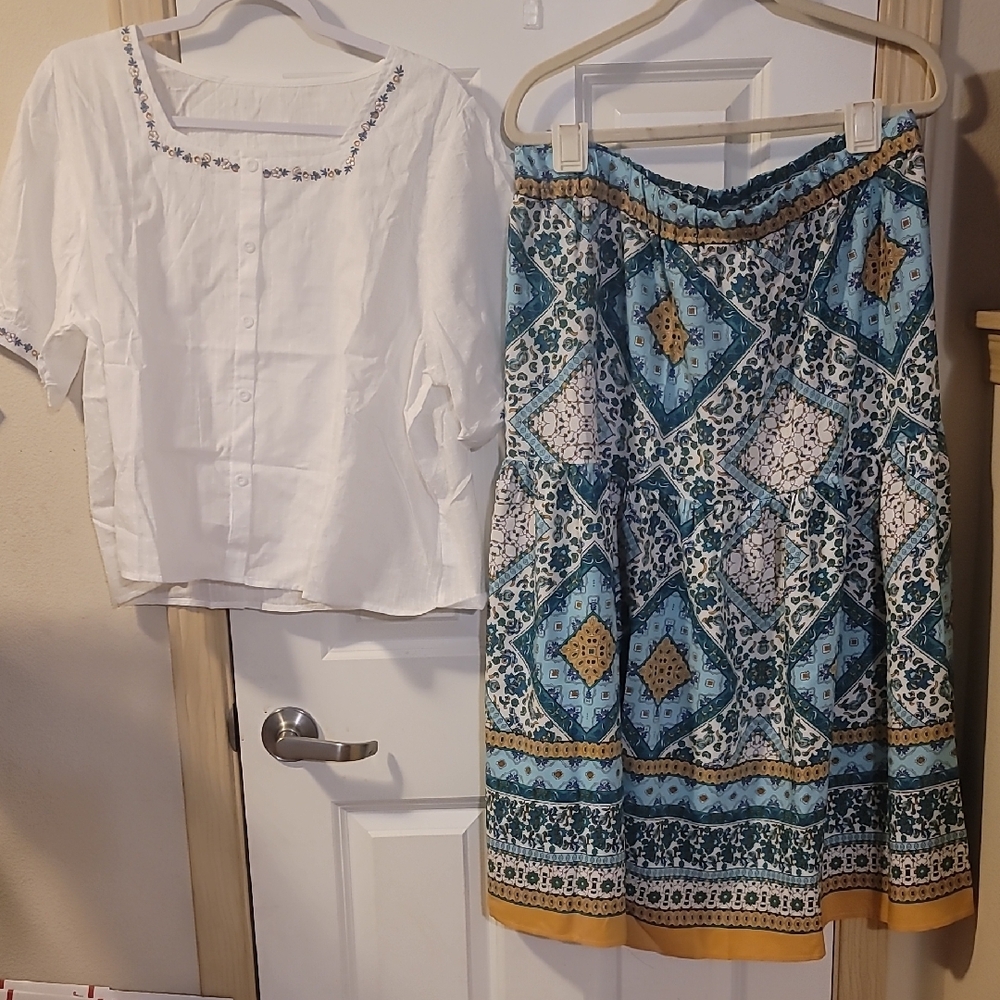 Blue and White Midi A-Line Skirt for Casual Wear